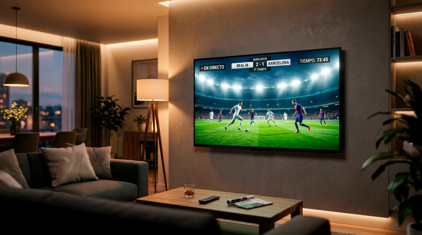 Televisión de salón en un apartamento español mostrando un partido de Bundesliga retransmitido en directo